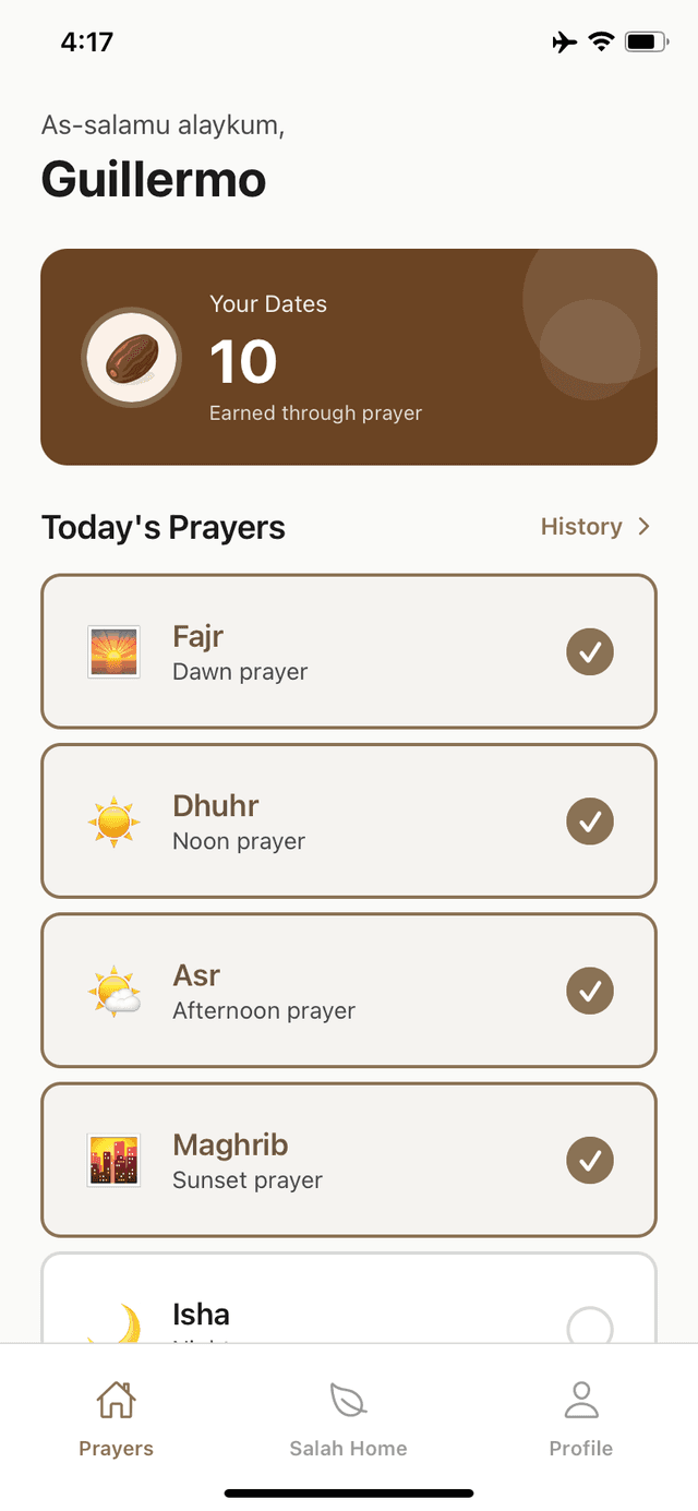Salah Home prayer tracking screen