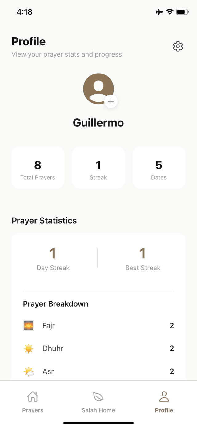 Salah Home profile and prayer statistics screen